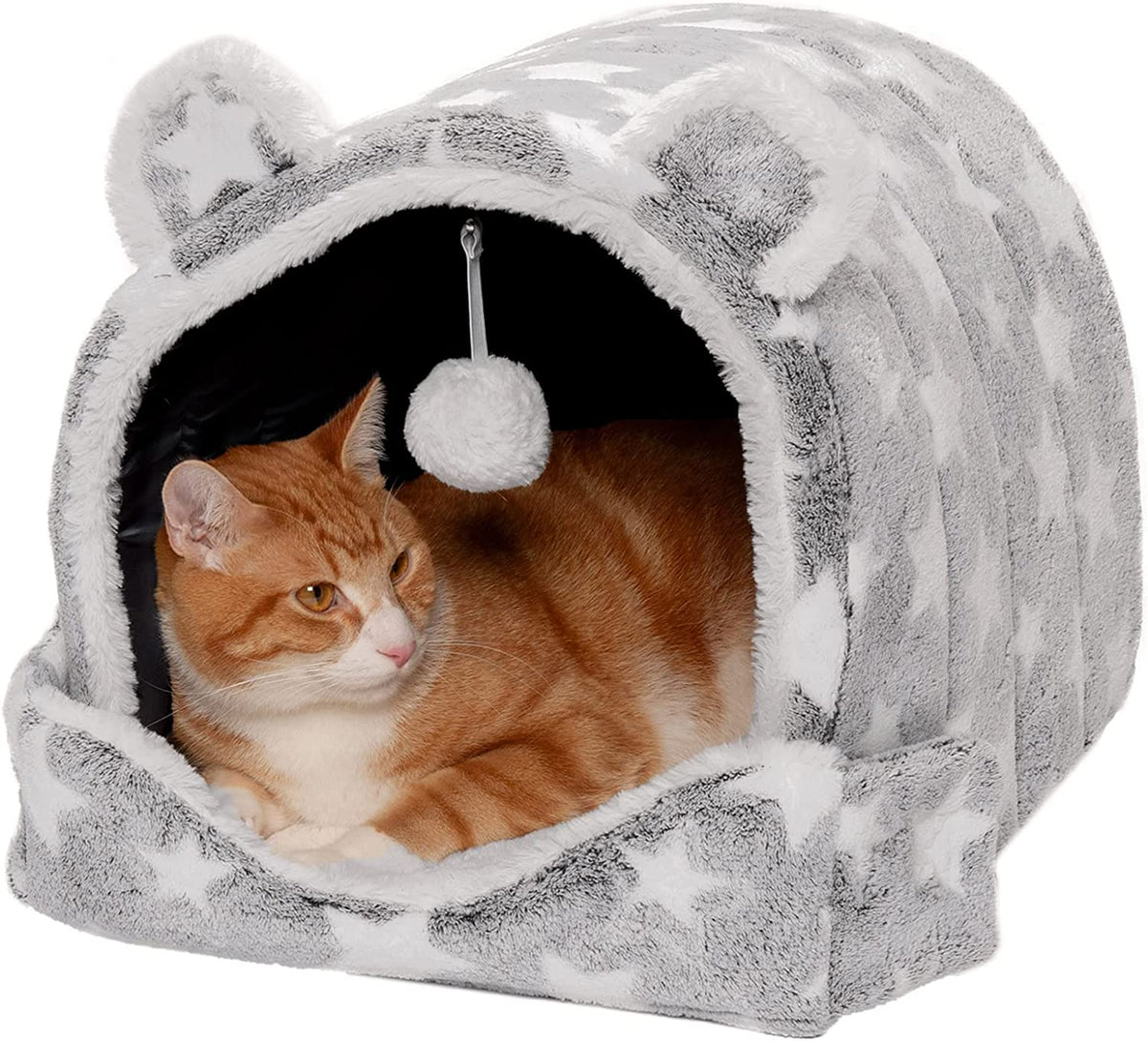 Cozy Cave Pet Tent for Indoor Cats and Small Dogs, Washable and Foldable with Plush Ball Toy - Silver Stars, Small