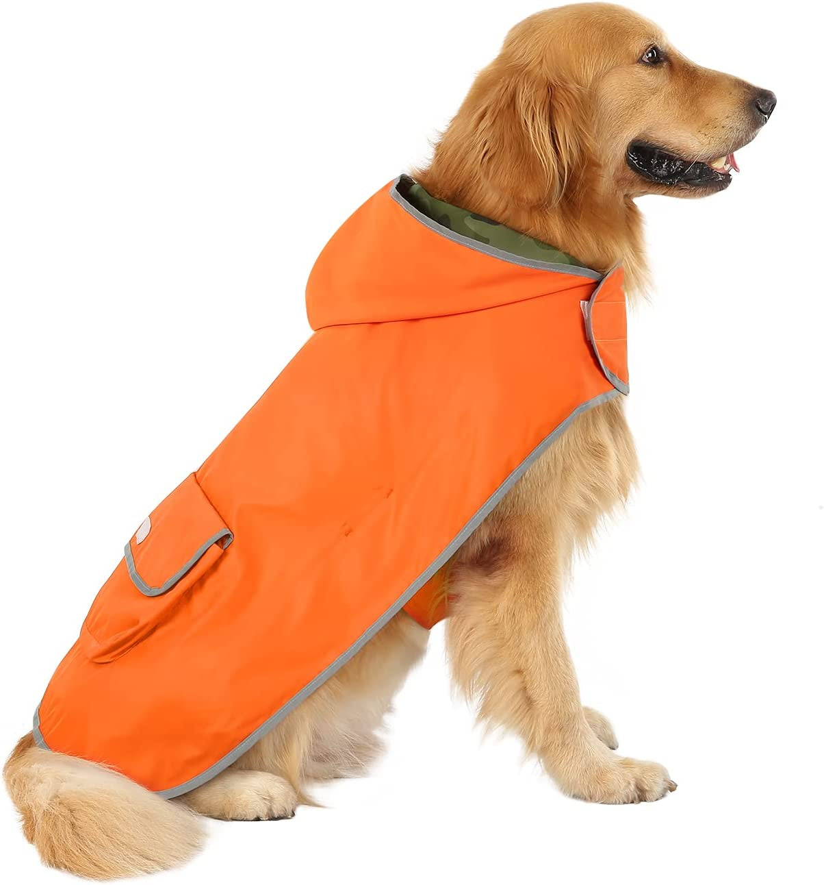 Reversible Hooded Dog Raincoat - Camo Orange Slicker Poncho Jacket for Small, Medium, and Large Dogs, Size L