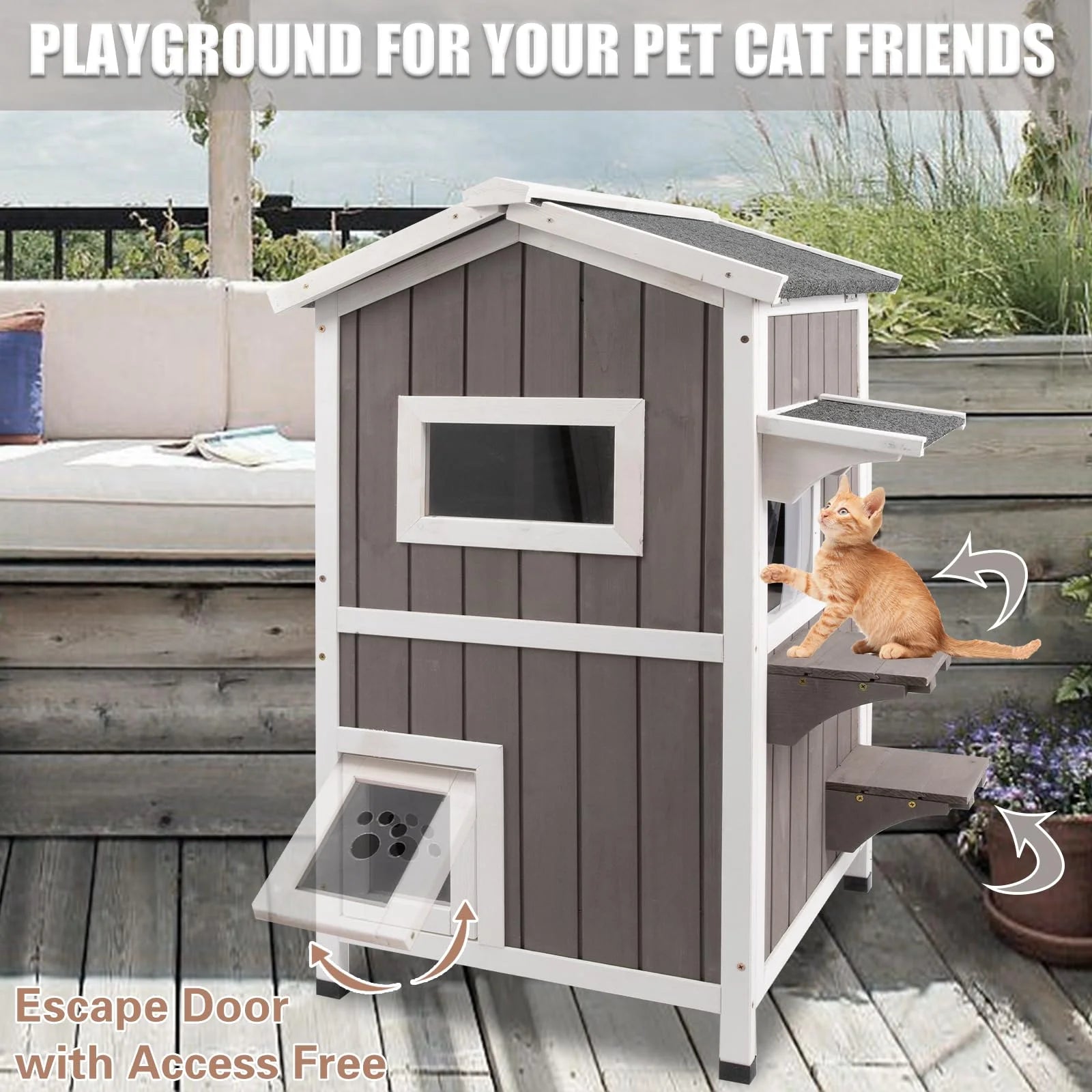 Cat House Indoor Outdoor Feral Cat Shelter Kitty House with Escape Door, Gray