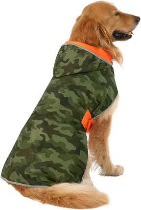 Reversible Hooded Dog Raincoat - Camo Orange Slicker Poncho Jacket for Small, Medium, and Large Dogs, Size L