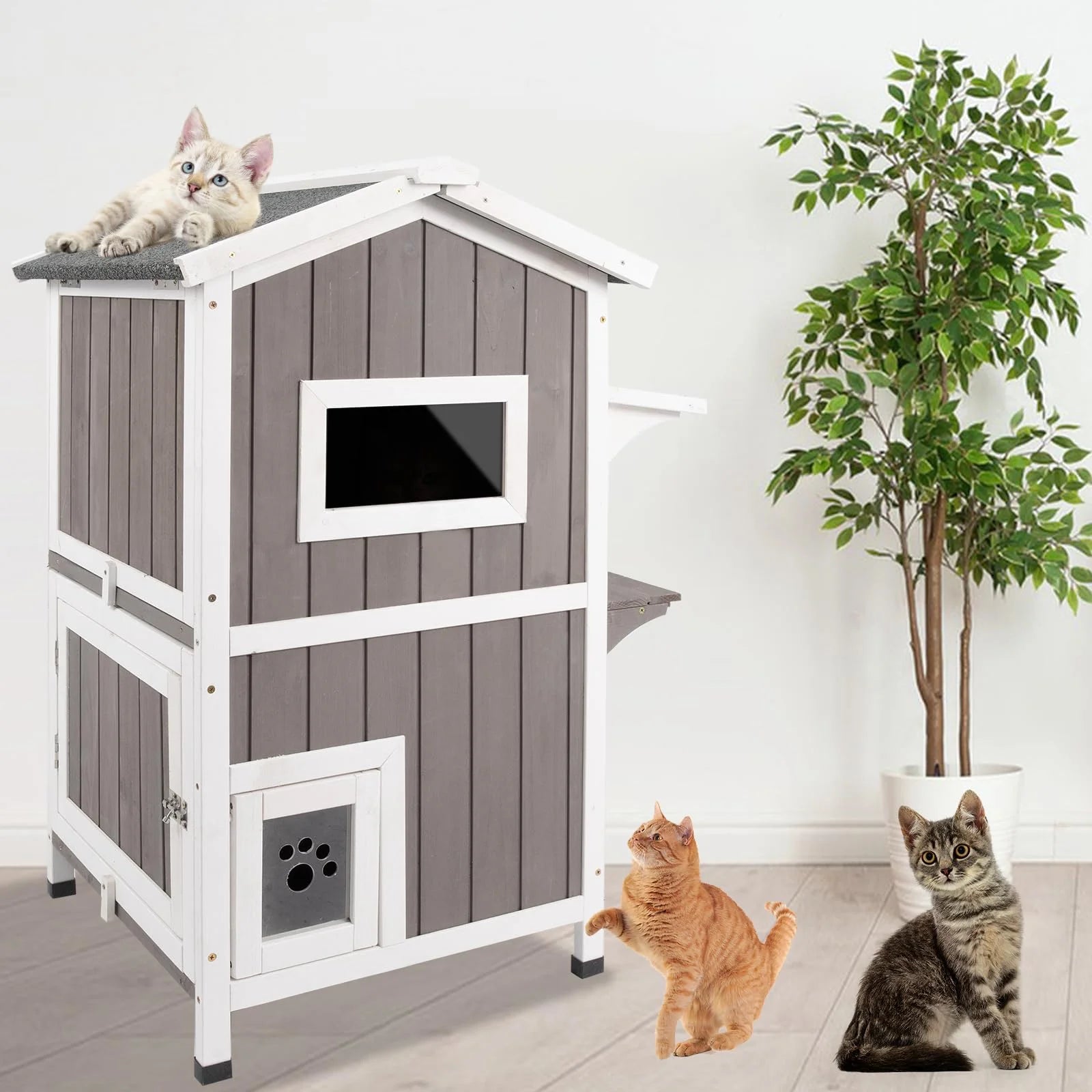 Cat House Indoor Outdoor Feral Cat Shelter Kitty House with Escape Door, Gray