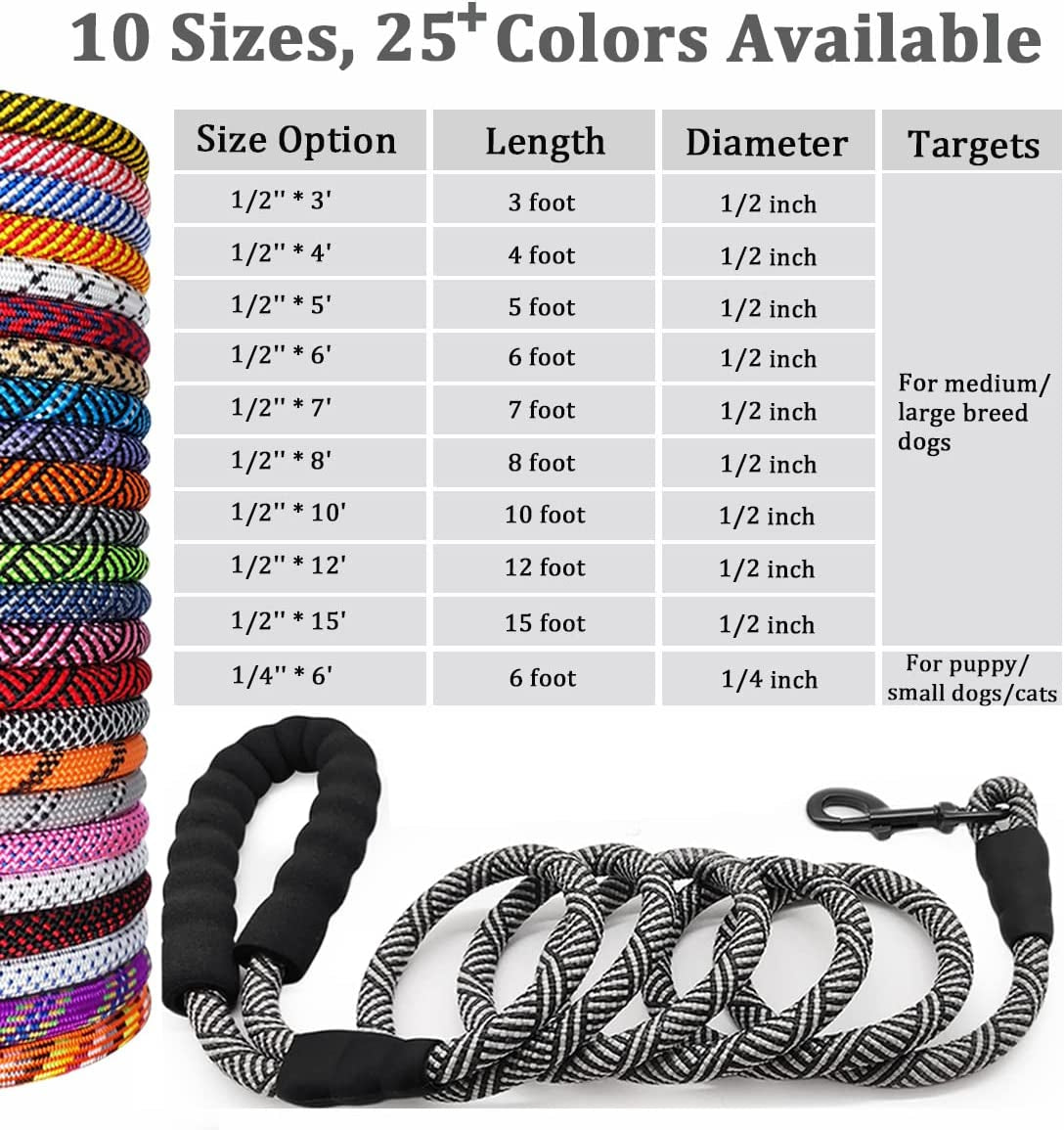 Heavy-Duty Nylon Dog Leash with Soft Padded Handle - Available in Multiple Lengths for Large, Medium, and Small Dogs