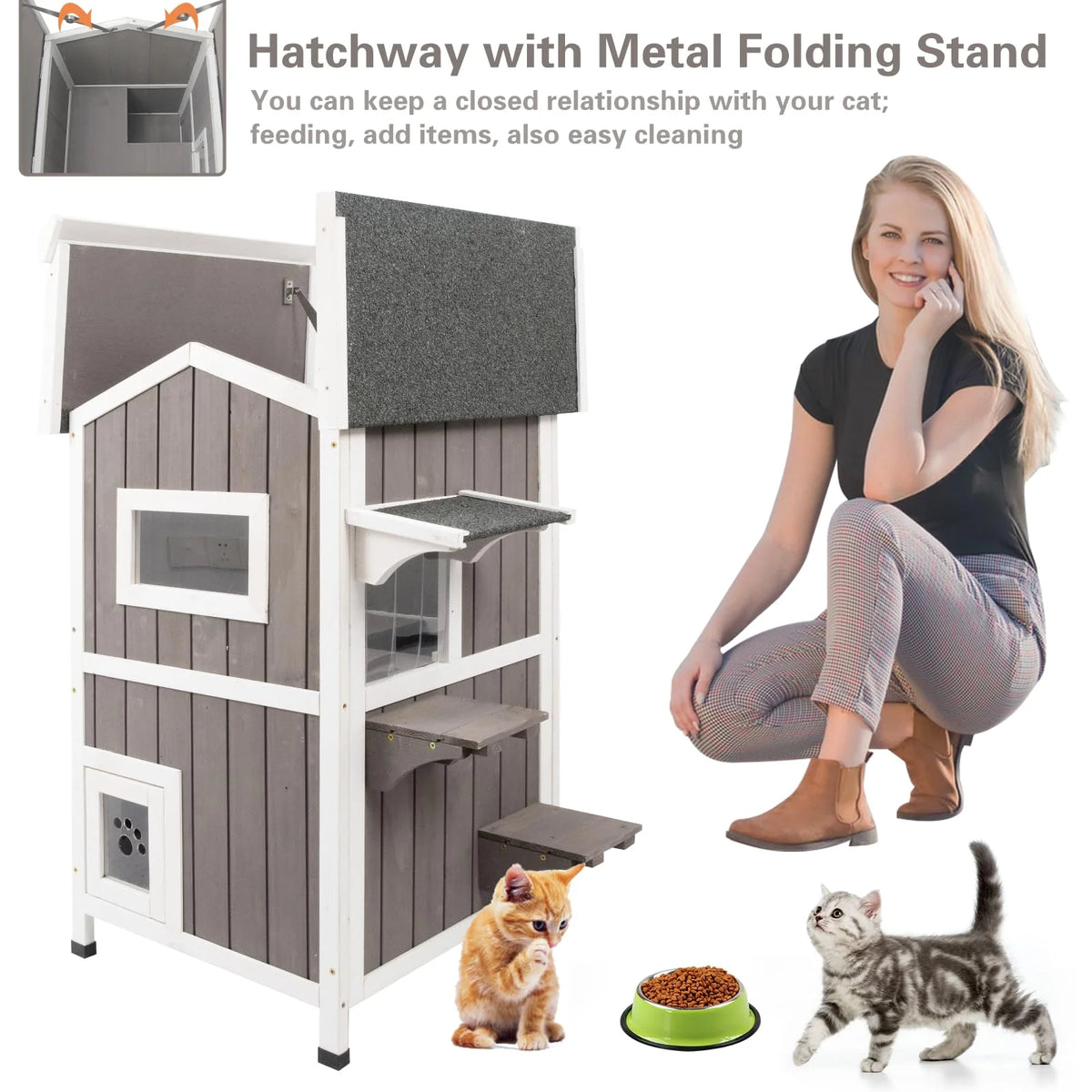 Cat House Indoor Outdoor Feral Cat Shelter Kitty House with Escape Door, Gray