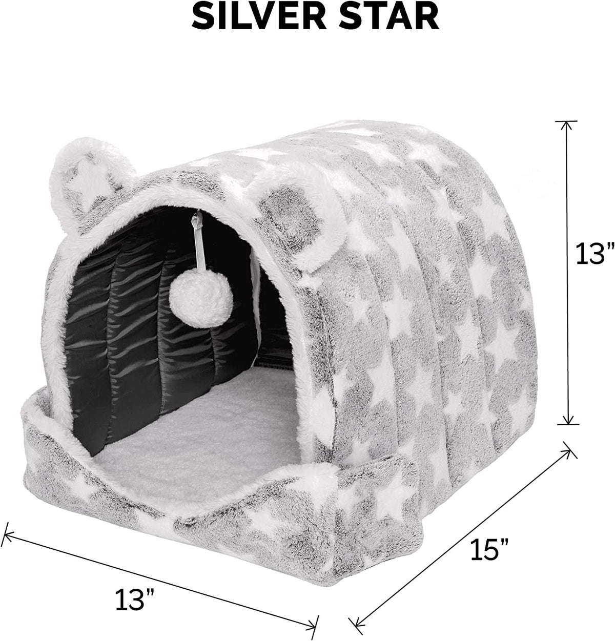 Cozy Cave Pet Tent for Indoor Cats and Small Dogs, Washable and Foldable with Plush Ball Toy - Silver Stars, Small