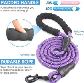 2 Packs 5/6 FT Dog Leash with Comfortable Padded Handle and Highly Reflective Threads Dog Leashes for Small Medium and Large Dogs (5FT-1/2'', Black+Purple)