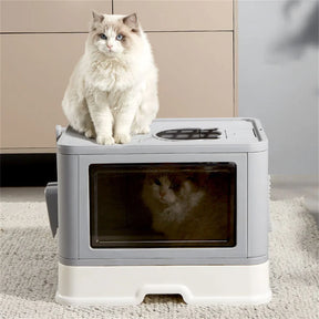 Large Hooded Cat Litter Box Tray Drawer Type Pet Kitty Toilet Top Entry Anti-Splashing Enclosed Potty with Hair Grooming Scoop