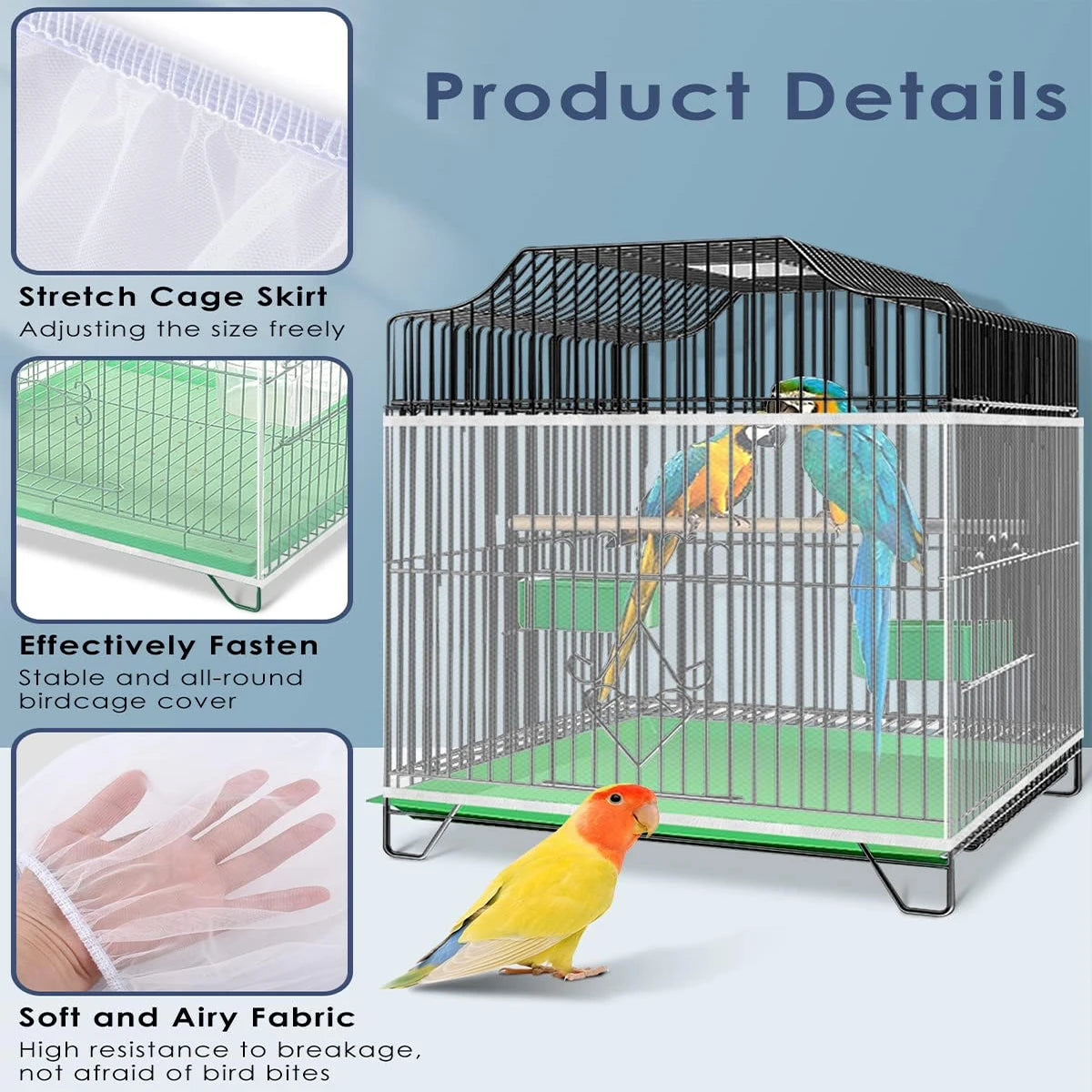 Adjustable Bird Cage Net Cover Birdcage Seed Feather Catcher Soft Skirt Guard Birdcage Nylon Mesh Netting for Round Square Cages