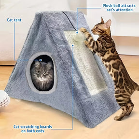 Pet bed suitable for cats under 15 pounds with plush toy ball cat scratching board