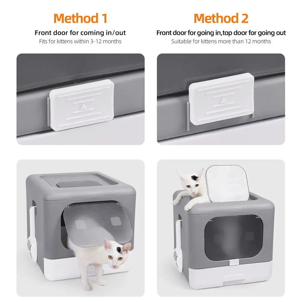 Cat Litter Box with Scoop and Tray, Enclosed, Foldable Kitten Toilet, Detachable Poop, Top Front Entry, Pet Supplies