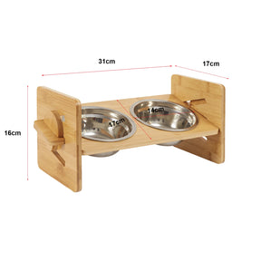 Wooden Raised Cat Bowls, Food Container, Drinking Dish, Bamboo Stand, Stainless Bowl, Height Adjustable