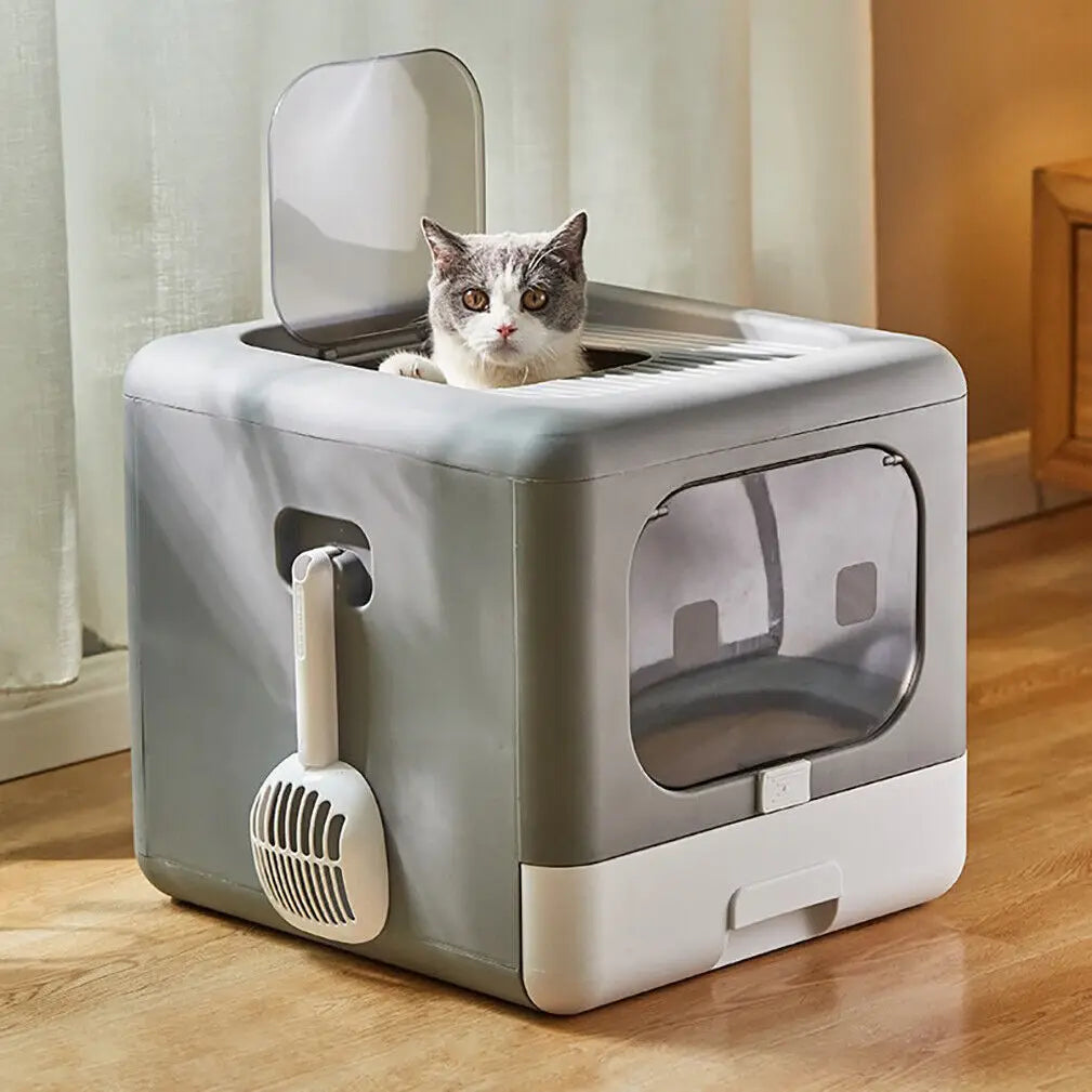 Cat Litter Box with Scoop and Tray, Enclosed, Foldable Kitten Toilet, Detachable Poop, Top Front Entry, Pet Supplies