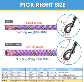 2 Packs 5/6 FT Dog Leash with Comfortable Padded Handle and Highly Reflective Threads Dog Leashes for Small Medium and Large Dogs (5FT-1/2'', Black+Purple)