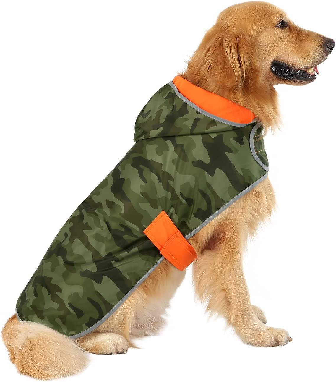 Reversible Hooded Dog Raincoat - Camo Orange Slicker Poncho Jacket for Small, Medium, and Large Dogs, Size L